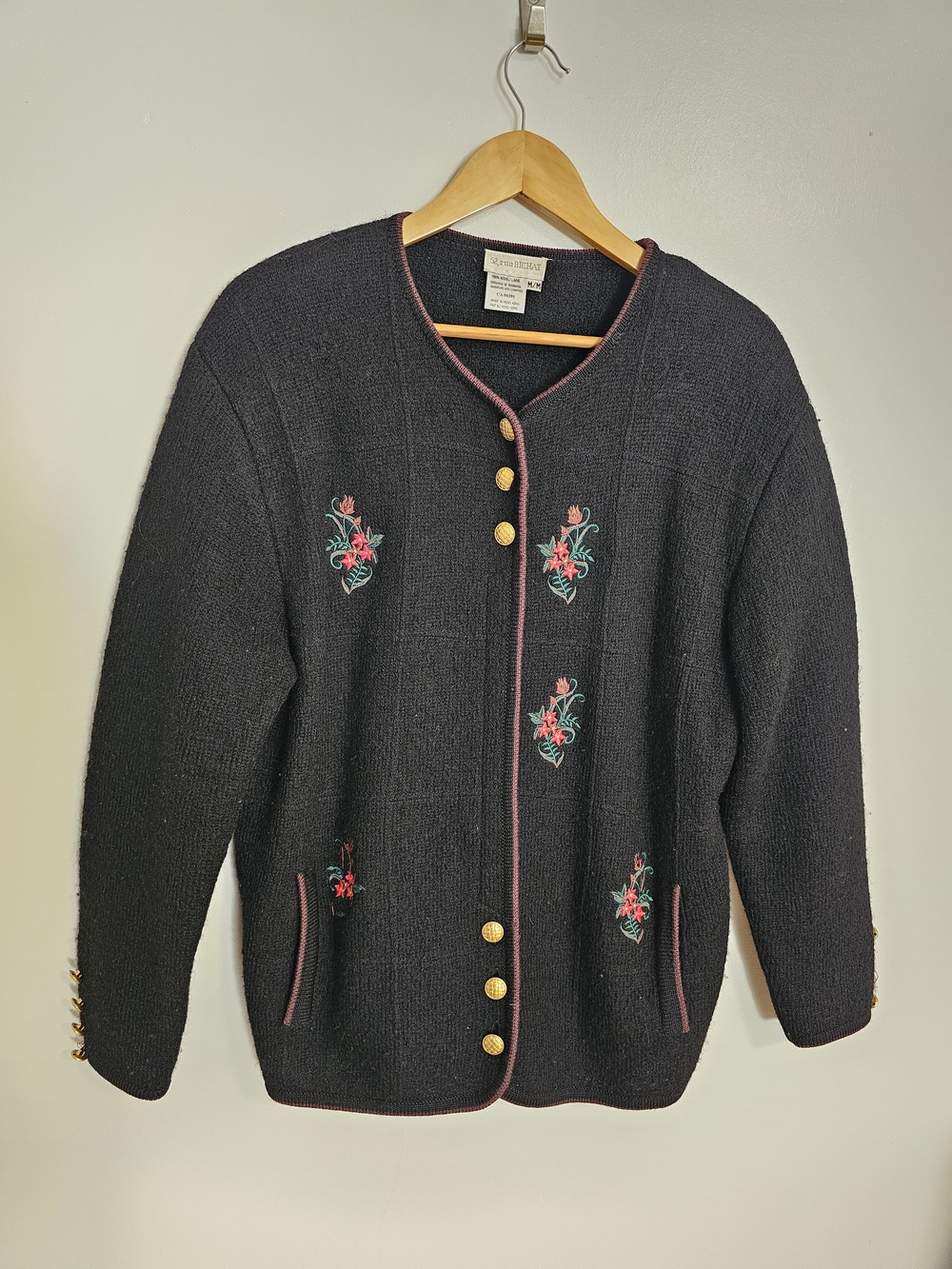 Vintage 100% Wool Black Embroidered Button-Front Cardigan Sweater Jacquet Size M